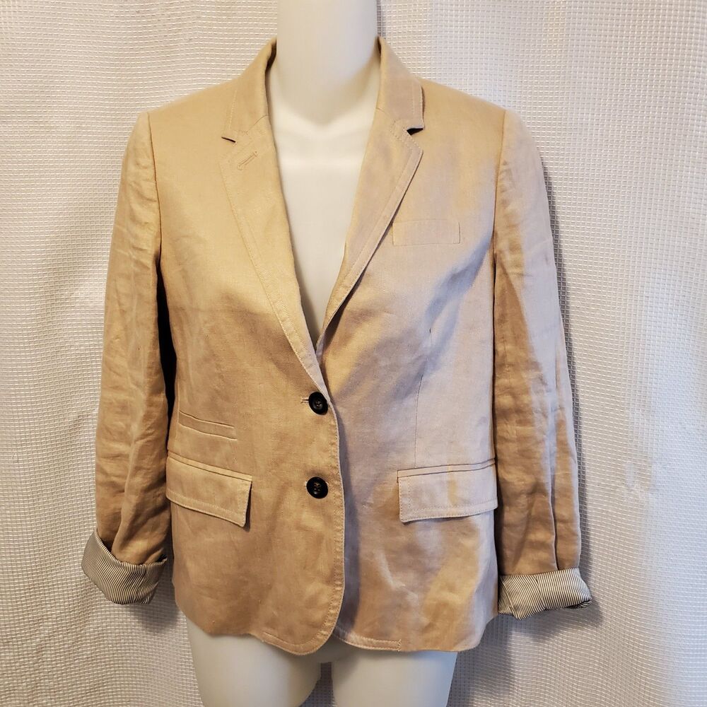 J.CREW Womens Sz 2 Schoolboy Blazer 100% Linen Beige Tan Academia Preppy Spring